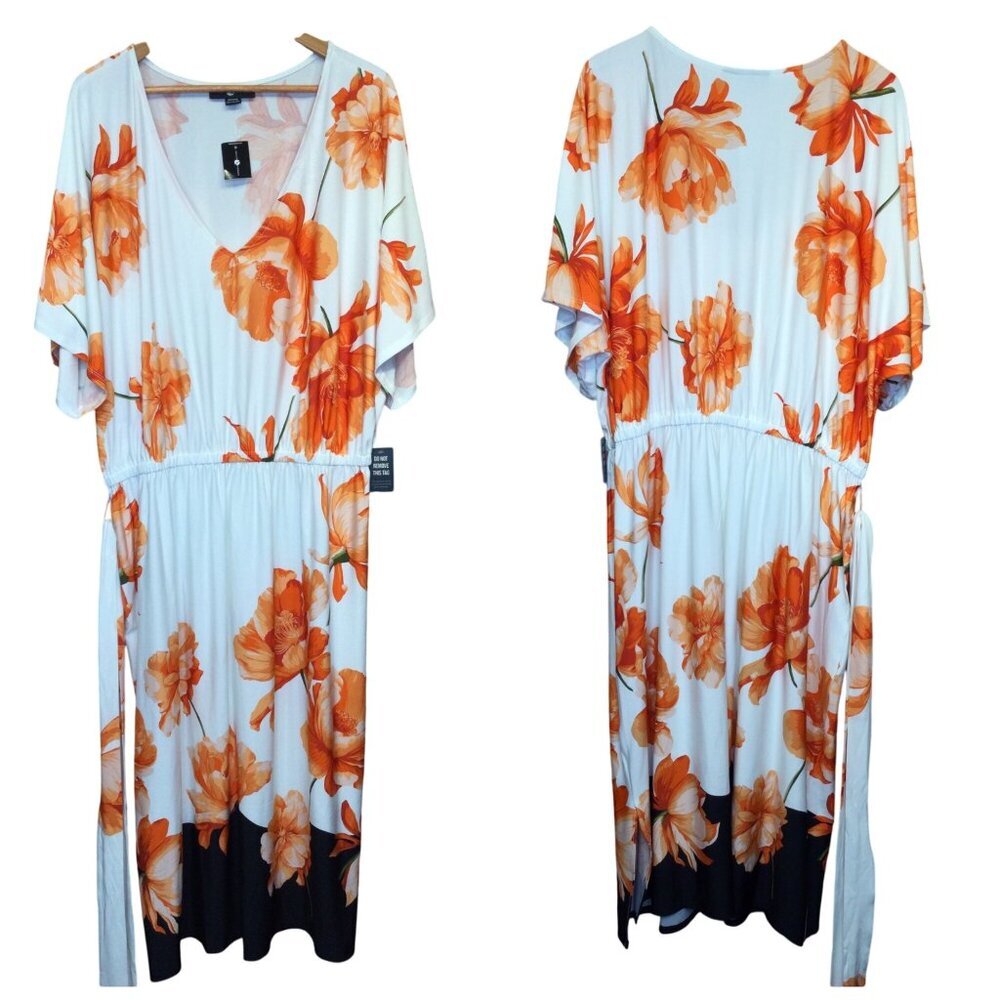 Ashley Stewart Floral Print Midi Dress Size 22/24W Orange & White Belted